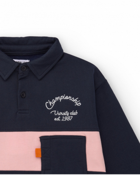 Long-sleeved polo shirt for boys in navy blue with pink stripe