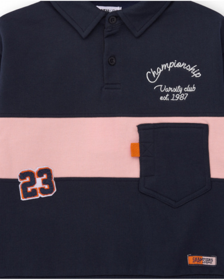 Long-sleeved polo shirt for boys in navy blue with pink stripe