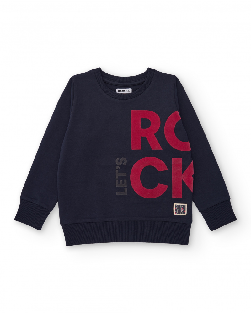 Navy blue sweatshirt with contrasting "LET'S ROCK" print