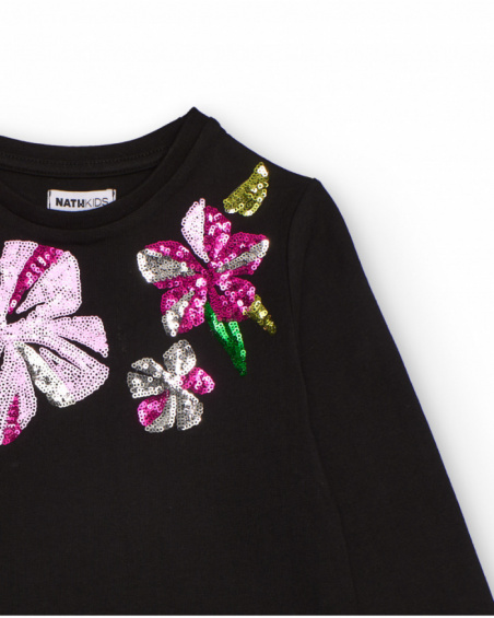 Black long-sleeve t-shirt with sequin flowers for girls