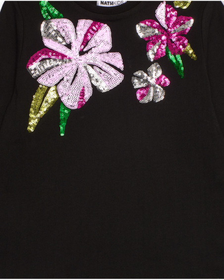 Black long-sleeve t-shirt with sequin flowers for girls