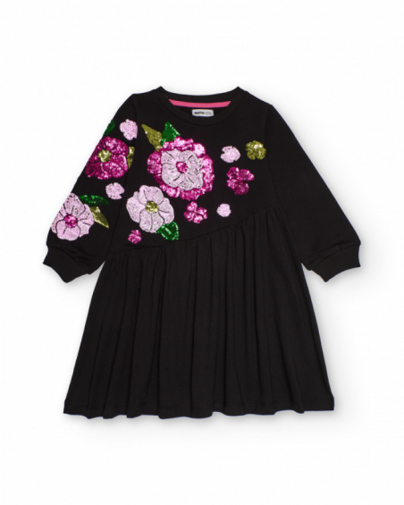 Black long-sleeve dress with sequin flowers for girls