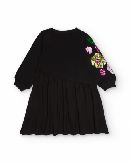 Black long-sleeve dress with sequin flowers for girls