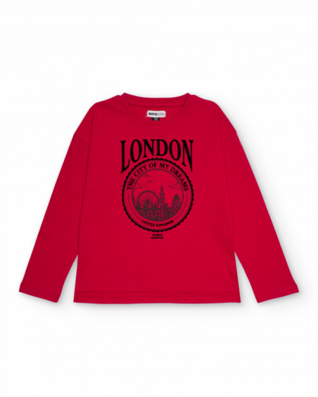 Red long-sleeve t-shirt with London print for girls