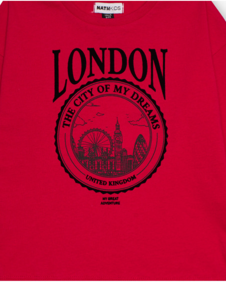 Red long-sleeve t-shirt with London print for girls