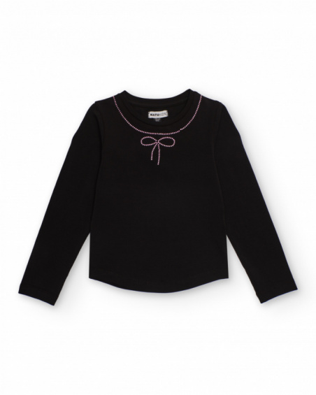 Black long-sleeve t-shirt with rhinestone bow detail for girls