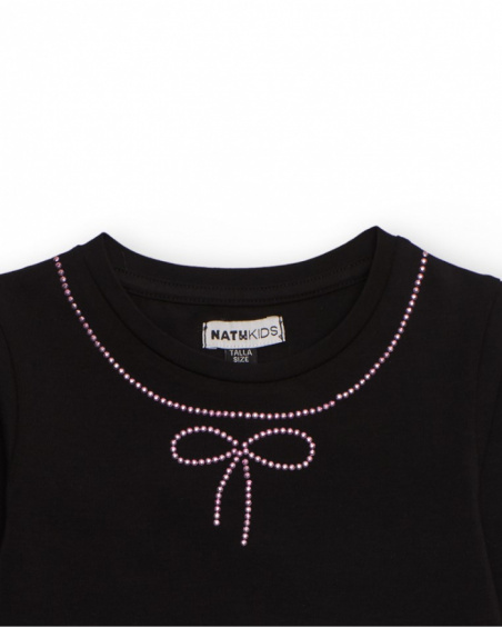 Black long-sleeve t-shirt with rhinestone bow detail for girls