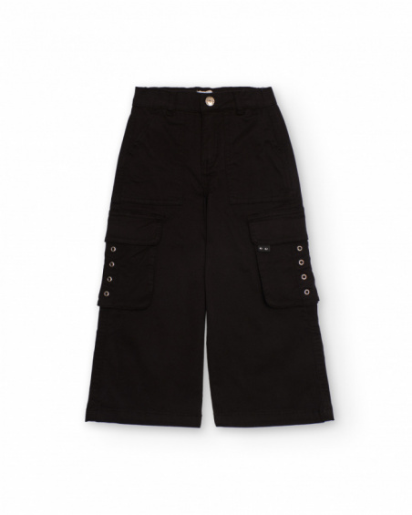 Black wide-leg cargo pants with decorative eyelets for girls Black wide-leg cargo pants with decorative eyelets for girls