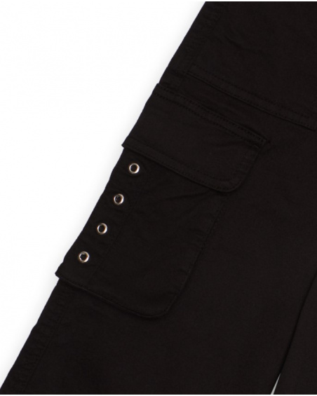 Black wide-leg cargo pants with decorative eyelets for girls Black wide-leg cargo pants with decorative eyelets for girls