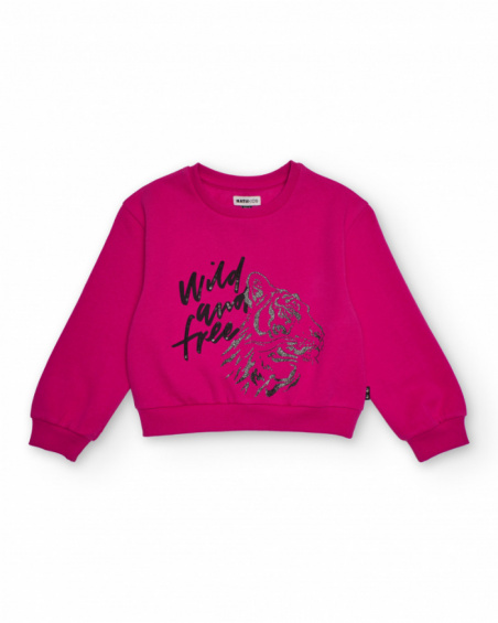 Fuchsia sweatshirt for girls with tiger print and message Fuchsia sweatshirt for girls with tiger print and message