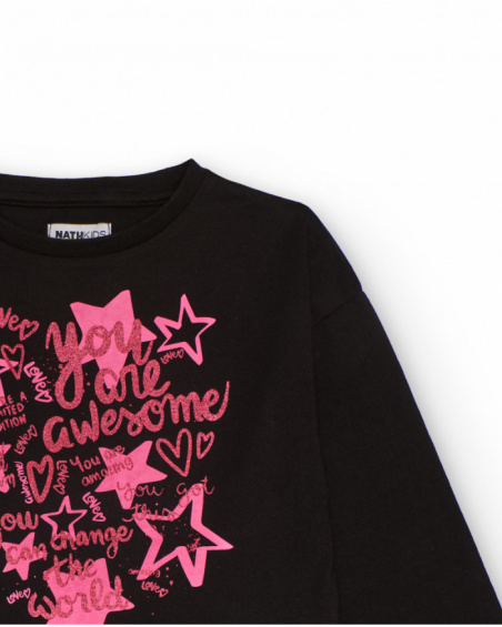 Black long-sleeve t-shirt for girls with pink print