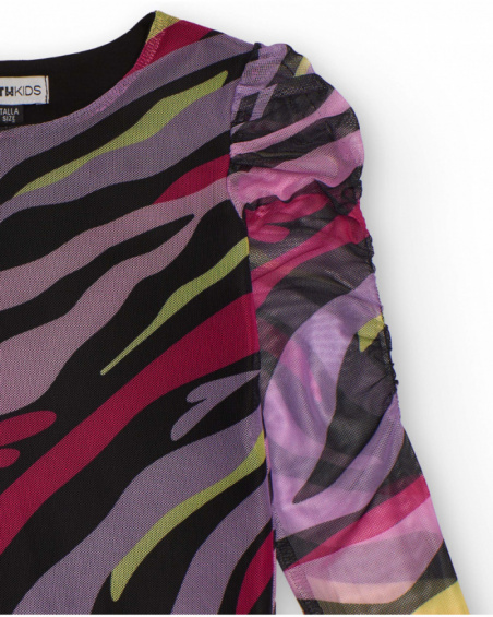 Girls’ tulle top with multicolor print and ruched sleeves Girls’ tulle top with multicolor print and ruched sleeves