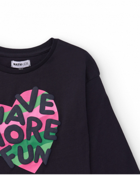 Black long-sleeve t-shirt for girls with colorful heart print