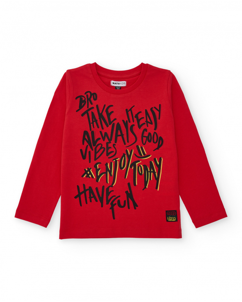 Red long-sleeve t-shirt for boys with graphic message