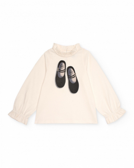 Off-white long-sleeve t-shirt for girls with ruffled collar, cuffs and ballerina print