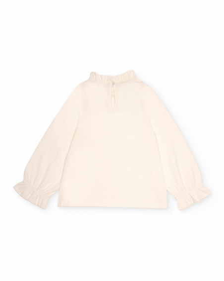 Off-white long-sleeve t-shirt for girls with ruffled collar, cuffs and ballerina print