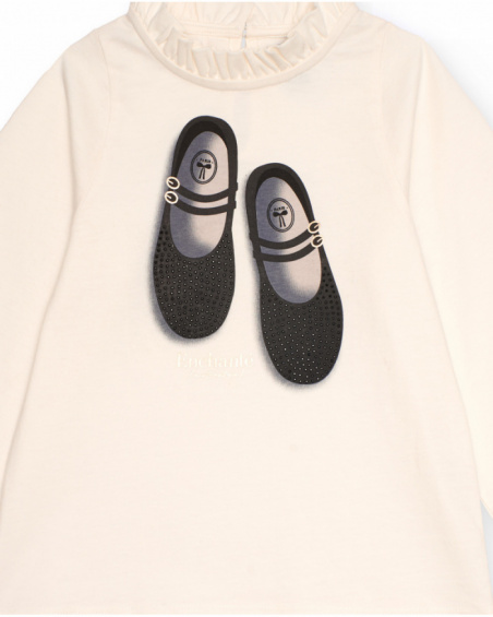 Off-white long-sleeve t-shirt for girls with ruffled collar, cuffs and ballerina print
