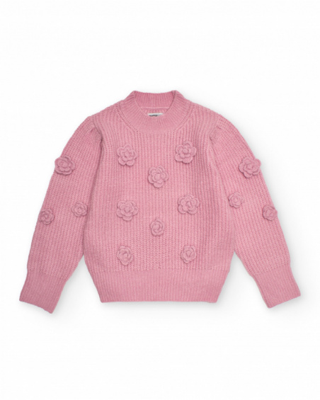 Pink knit sweater for girls with flower appliqués Pink knit sweater for girls with flower appliqués