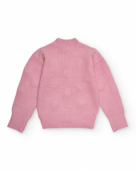 Pink knit sweater for girls with flower appliqués Pink knit sweater for girls with flower appliqués