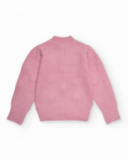 Pink knit sweater for girls with flower appliqués Pink knit sweater for girls with flower appliqués