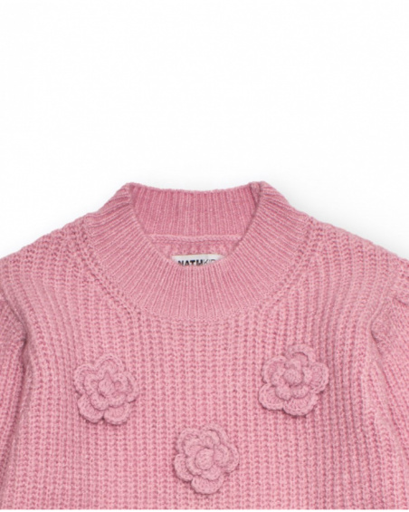 Pink knit sweater for girls with flower appliqués Pink knit sweater for girls with flower appliqués