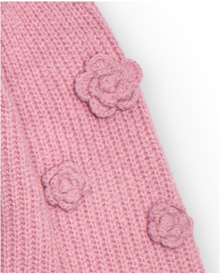 Pink knit sweater for girls with flower appliqués Pink knit sweater for girls with flower appliqués