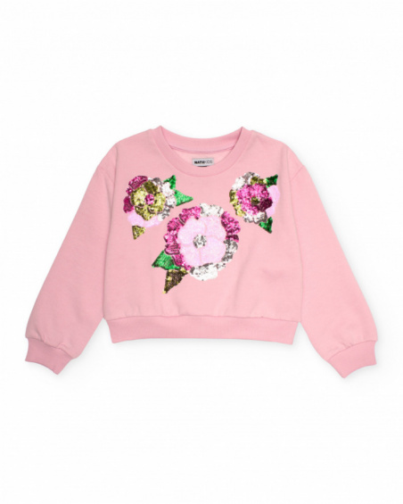 Pink sweatshirt with sequin flowers for girls Pink sweatshirt with sequin flowers for girls