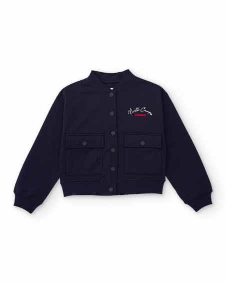 Navy blue fleece jacket for girls with front embroidery Navy blue fleece jacket for girls with front embroidery
