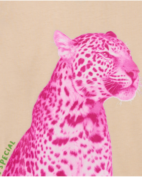 Beige long-sleeve t-shirt for girls with pink leopard print