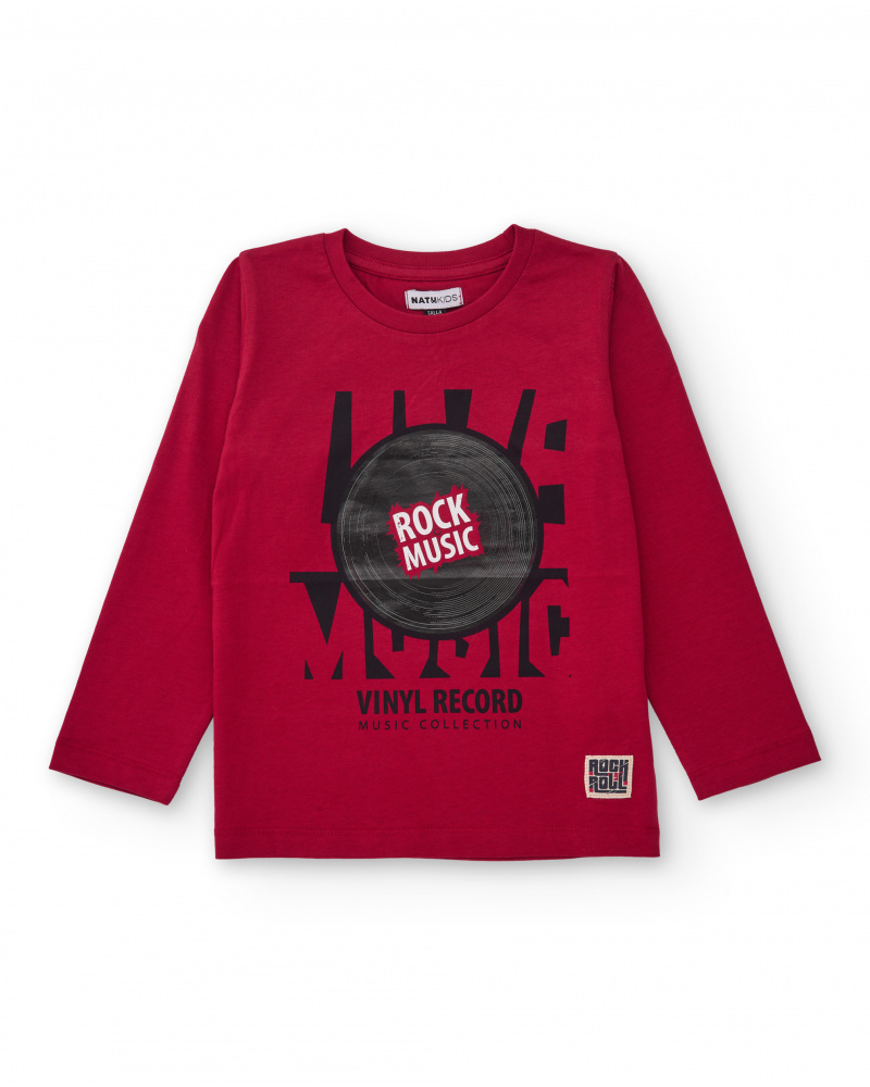 Red long-sleeved boys’ T-shirt with musical print