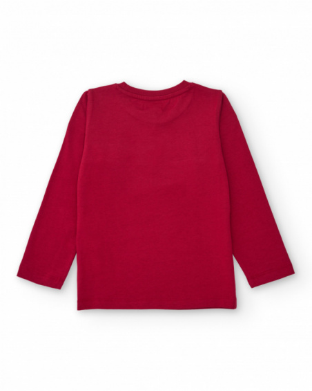 Red long-sleeved boys’ T-shirt with musical print