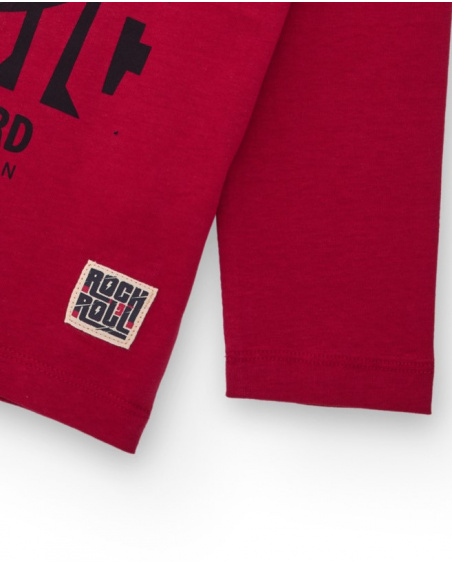 Red long-sleeved boys’ T-shirt with musical print