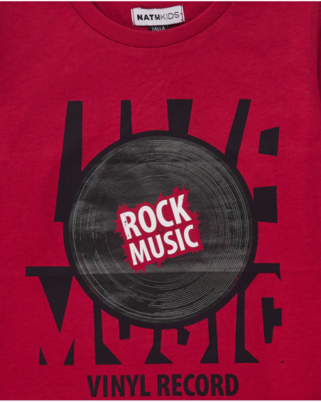 Red long-sleeved boys’ T-shirt with musical print