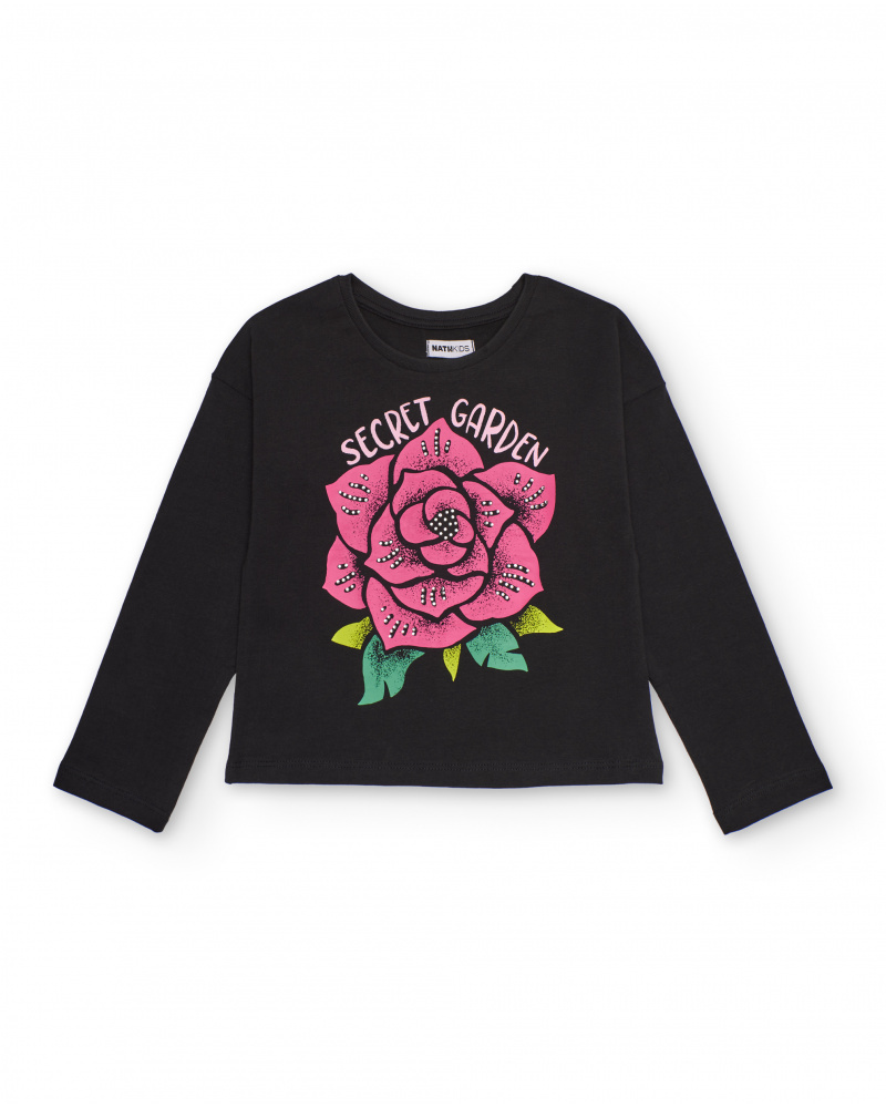 Black long-sleeve T-shirt for girls with pink flower print