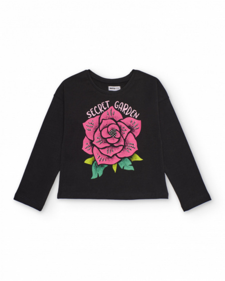 Black long-sleeve T-shirt for girls with pink flower print