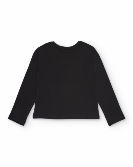 Black long-sleeve T-shirt for girls with pink flower print
