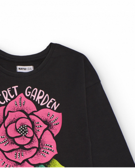 Black long-sleeve T-shirt for girls with pink flower print