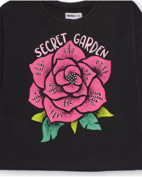Black long-sleeve T-shirt for girls with pink flower print