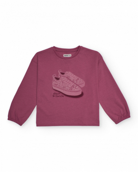 Long-sleeved burgundy T-shirt for girls with sneakers print