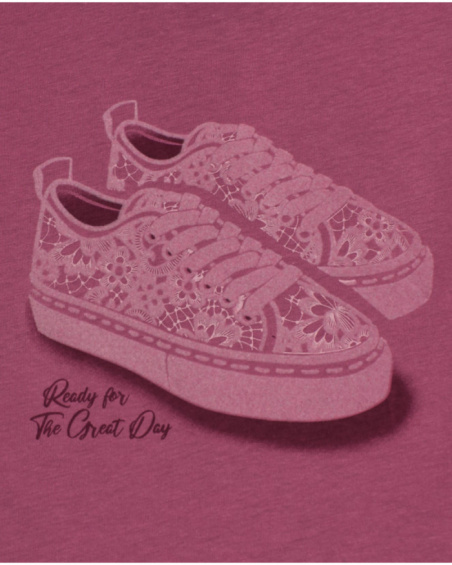 Long-sleeved burgundy T-shirt for girls with sneakers print