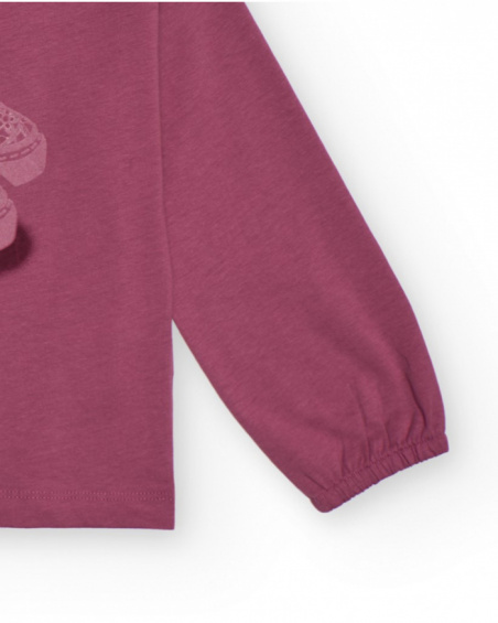 Long-sleeved burgundy T-shirt for girls with sneakers print