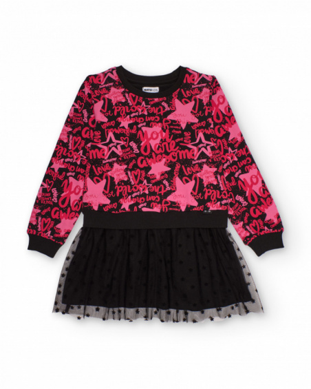 Girl’s combined dress with fuchsia print and black tulle skirt Girl’s combined dress with fuchsia print and black tulle skirt
