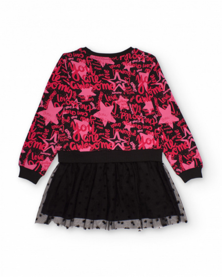 Girl’s combined dress with fuchsia print and black tulle skirt Girl’s combined dress with fuchsia print and black tulle skirt