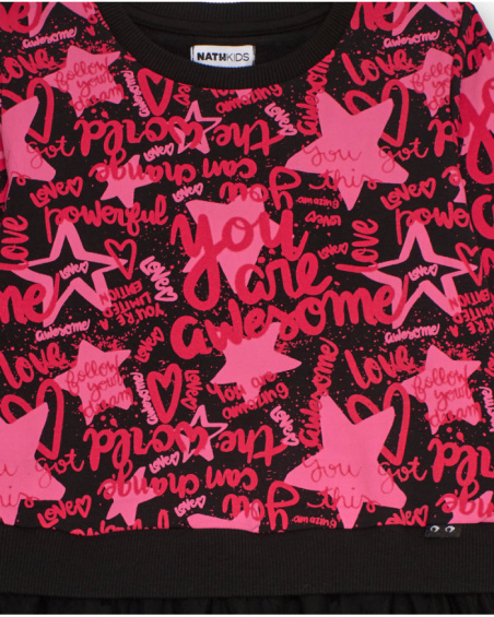 Girl’s combined dress with fuchsia print and black tulle skirt Girl’s combined dress with fuchsia print and black tulle skirt