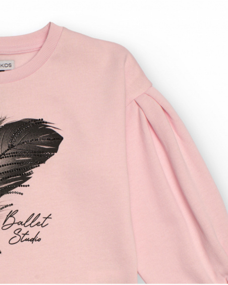 Pink sweatshirt for girls with pleats and feather print