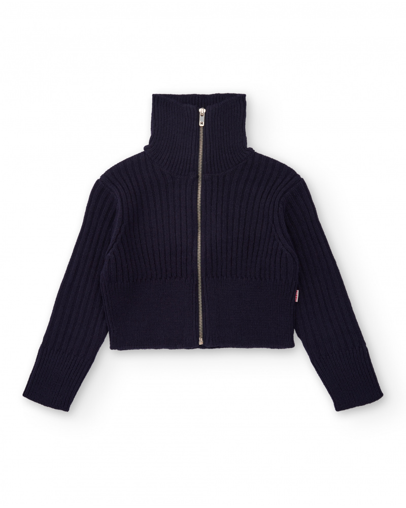 Navy rib-knit girls' sweater with metal zipper