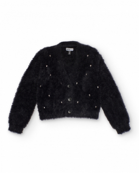 Black knitted cardigan for girls with shiny appliqués