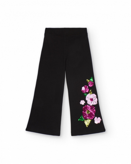 Black pants for girls with sequin floral appliqués Black pants for girls with sequin floral appliqués