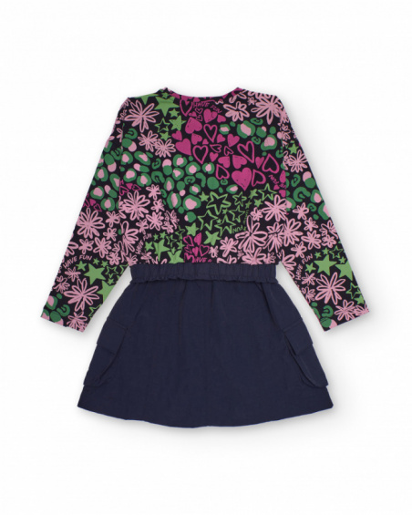 Girl's combo dress with colorful print and navy skirt Girl's combo dress with colorful print and navy skirt