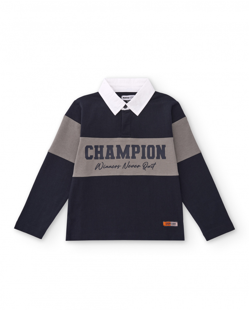 Long-sleeve color block polo shirt for boys with printed text